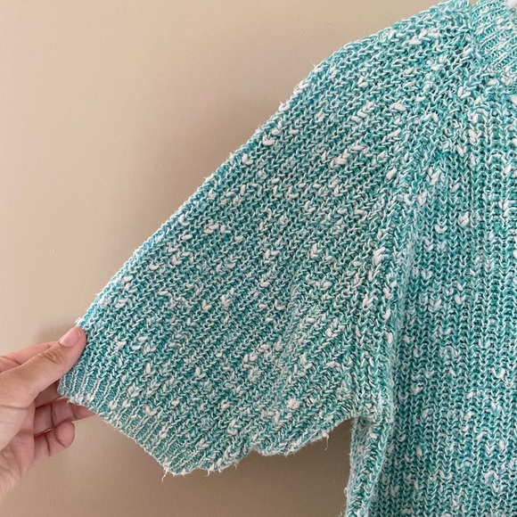 Yarn Works Petite Mint Green White Knit Short Sleeve Sweater - Picture 4 of 7